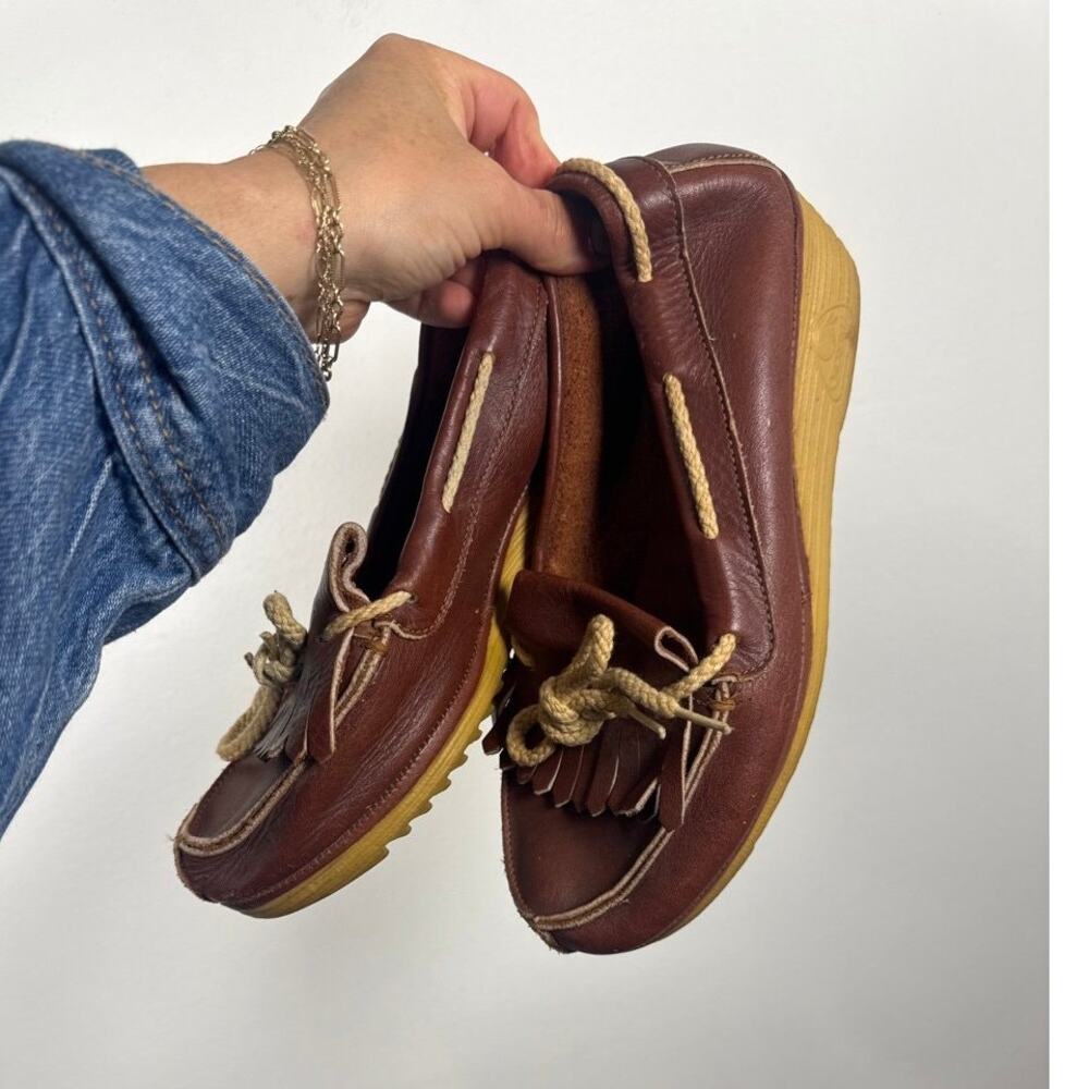 Cherokee Vintage Brown Leather Fringe Tassel Moccasin Wedge Loafers 7.5 - Picture 6 of 7